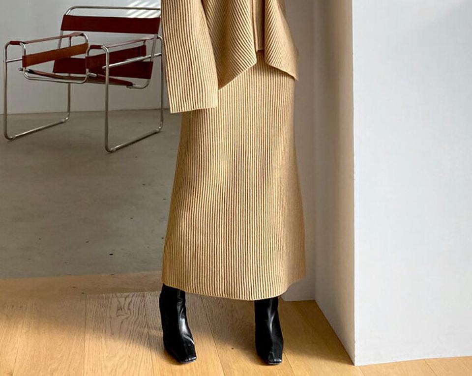 Hラインスリットニットスカート・全2色・t61448 レディース 【sk】【韓国 ファッション ボトムス スカート ロング Hライン ウエストゴム リブニット スリット 無地 スリム 体型カーバー 細身 ベーシック デイリー カジュアル 秋 冬】