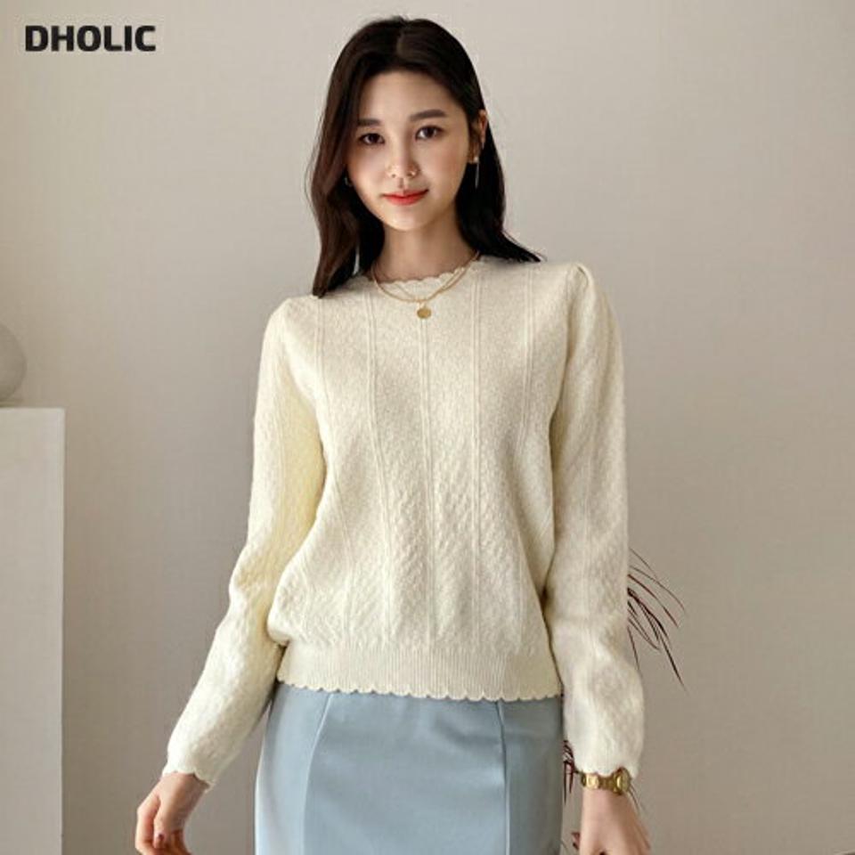 スカラップヘムニット・全3色・b61443 レディース 【tops】【韓国 ファッション トップス ニット 長袖 ぼわん袖 ラウンドネック フィット 細身 スリム リブ スカラップ テクスチャー 体型カーバー デイリー ベーシック 無地 上品 フェミニン 秋 冬】