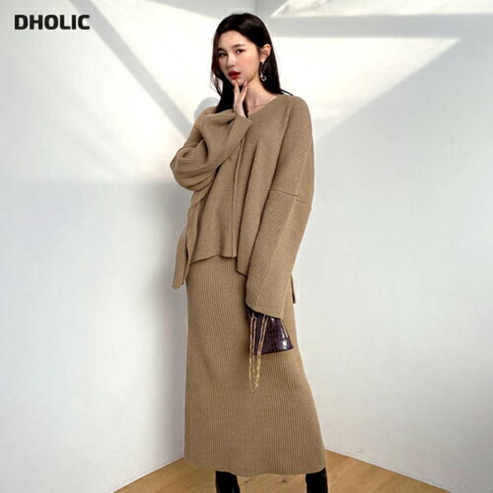 Vネックスリットニット&HラインスカートSET・全2色・t61446 レディース 【ops】【韓国 ファッション セットアップ ワンピース ニット Vネック 長袖 ロング スカート スリット Hライン ドロップショルダー ウエストゴム バックスリット デイリー 秋 冬】