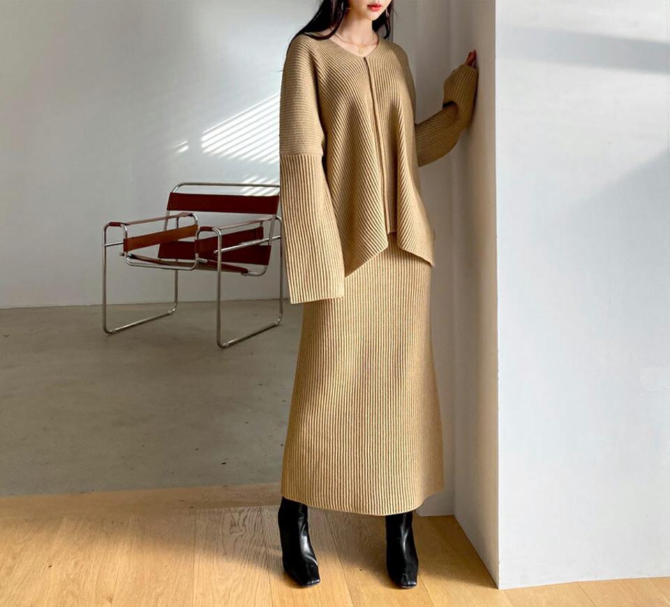 Vネックスリットニット&HラインスカートSET・全2色・t61446 レディース 【ops】【韓国 ファッション セットアップ ワンピース ニット Vネック 長袖 ロング スカート スリット Hライン ドロップショルダー ウエストゴム バックスリット デイリー 秋 冬】