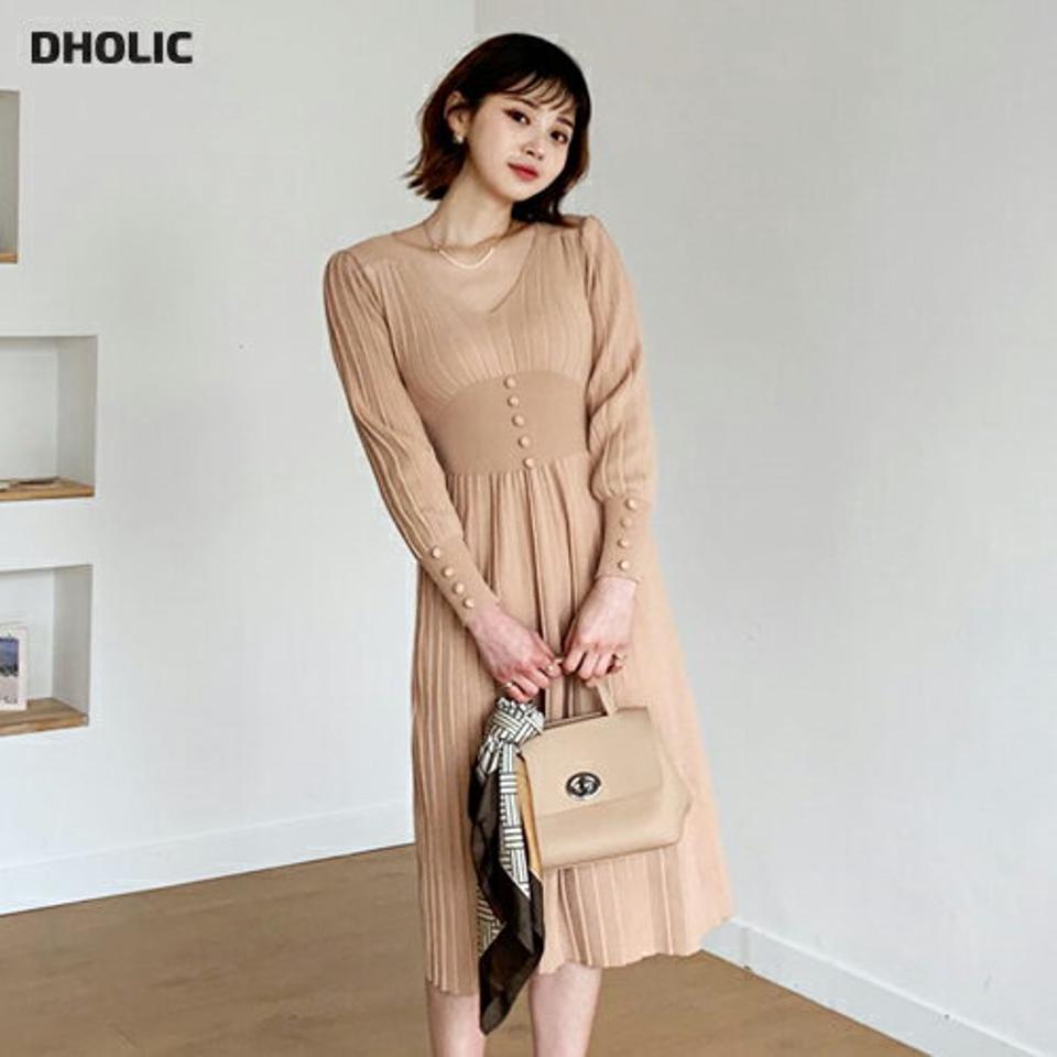 ニットプリーツワンピース・全2色・b56678 レディース 【ops】【韓国 ファッション ワンピース ロング ロングワンピス 長袖 Vネック プリーツ ニットワンピース 鎖骨 フレア フェイクボタン シンプル カジュアル 体型カバー 細身 カジュアル 秋 冬】