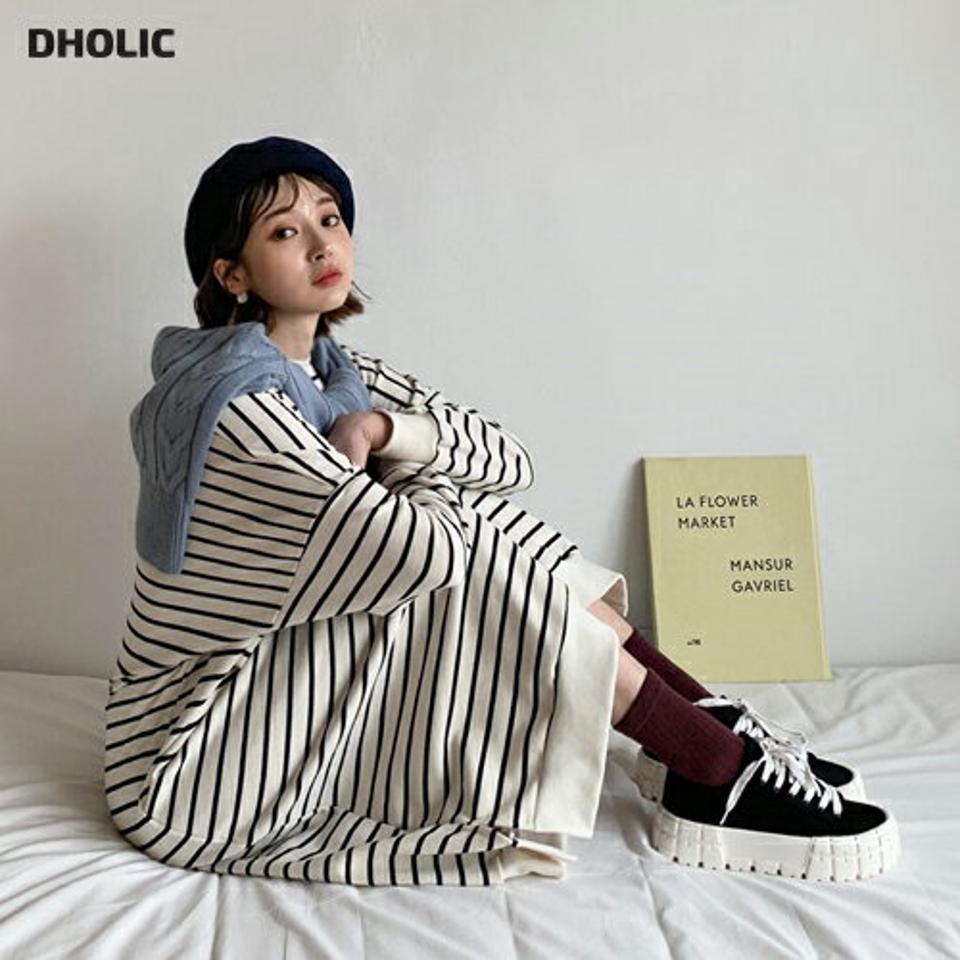 スウェットボーダーワンピース・全3色・b56681 レディース 【ops】【韓国 ファッション ワンピース ロング ロングワンピス 長袖 ストラップ ラウンドネック ルーズ スリット シンプル カジュアル 体型カバー 細身 カジュアル 秋 冬】