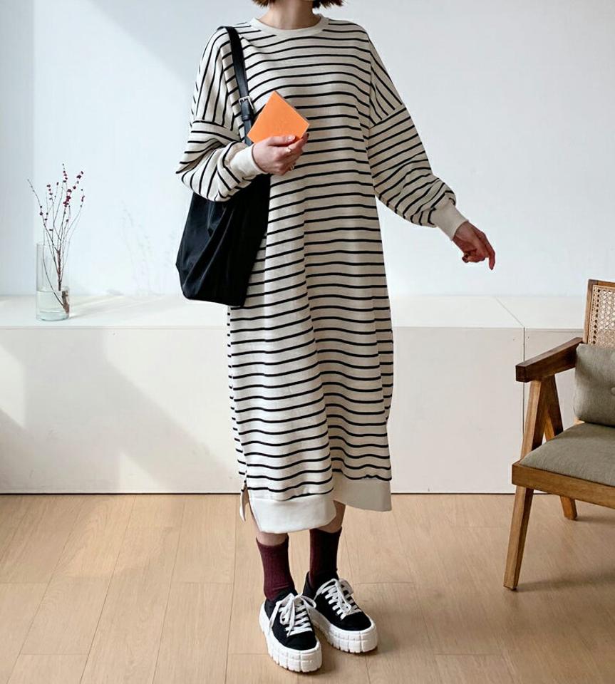 スウェットボーダーワンピース・全3色・b56681 レディース 【ops】【韓国 ファッション ワンピース ロング ロングワンピス 長袖 ストラップ ラウンドネック ルーズ スリット シンプル カジュアル 体型カバー 細身 カジュアル 秋 冬】