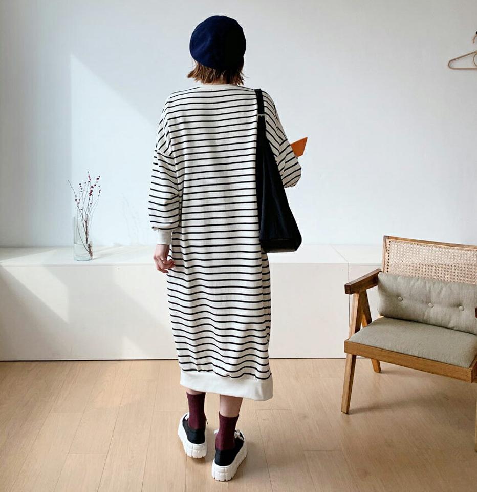 スウェットボーダーワンピース・全3色・b56681 レディース 【ops】【韓国 ファッション ワンピース ロング ロングワンピス 長袖 ストラップ ラウンドネック ルーズ スリット シンプル カジュアル 体型カバー 細身 カジュアル 秋 冬】