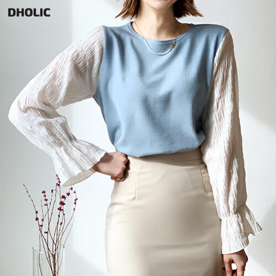 配色スリーブTシャツ・全2色・t56668 レディース 【tops】【韓国 ファッション トップス Tシャツ 長袖 配色 スリーブ ラウンドネック リンクル レイヤード風 デイリー ベーシック カジュアル 無地 カジュアル 秋 冬】