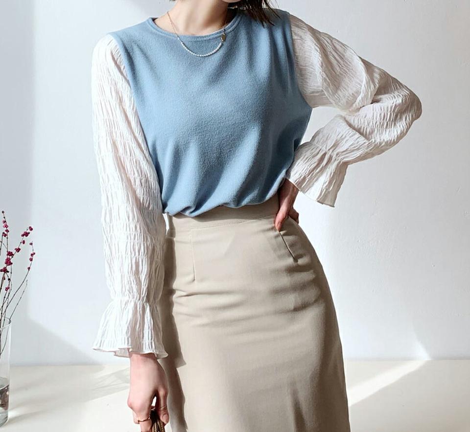 配色スリーブTシャツ・全2色・t56668 レディース 【tops】【韓国 ファッション トップス Tシャツ 長袖 配色 スリーブ ラウンドネック リンクル レイヤード風 デイリー ベーシック カジュアル 無地 カジュアル 秋 冬】