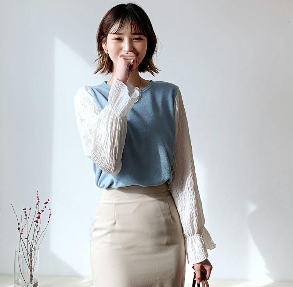 配色スリーブTシャツ・全2色・t56668 レディース 【tops】【韓国 ファッション トップス Tシャツ 長袖 配色 スリーブ ラウンドネック リンクル レイヤード風 デイリー ベーシック カジュアル 無地 カジュアル 秋 冬】