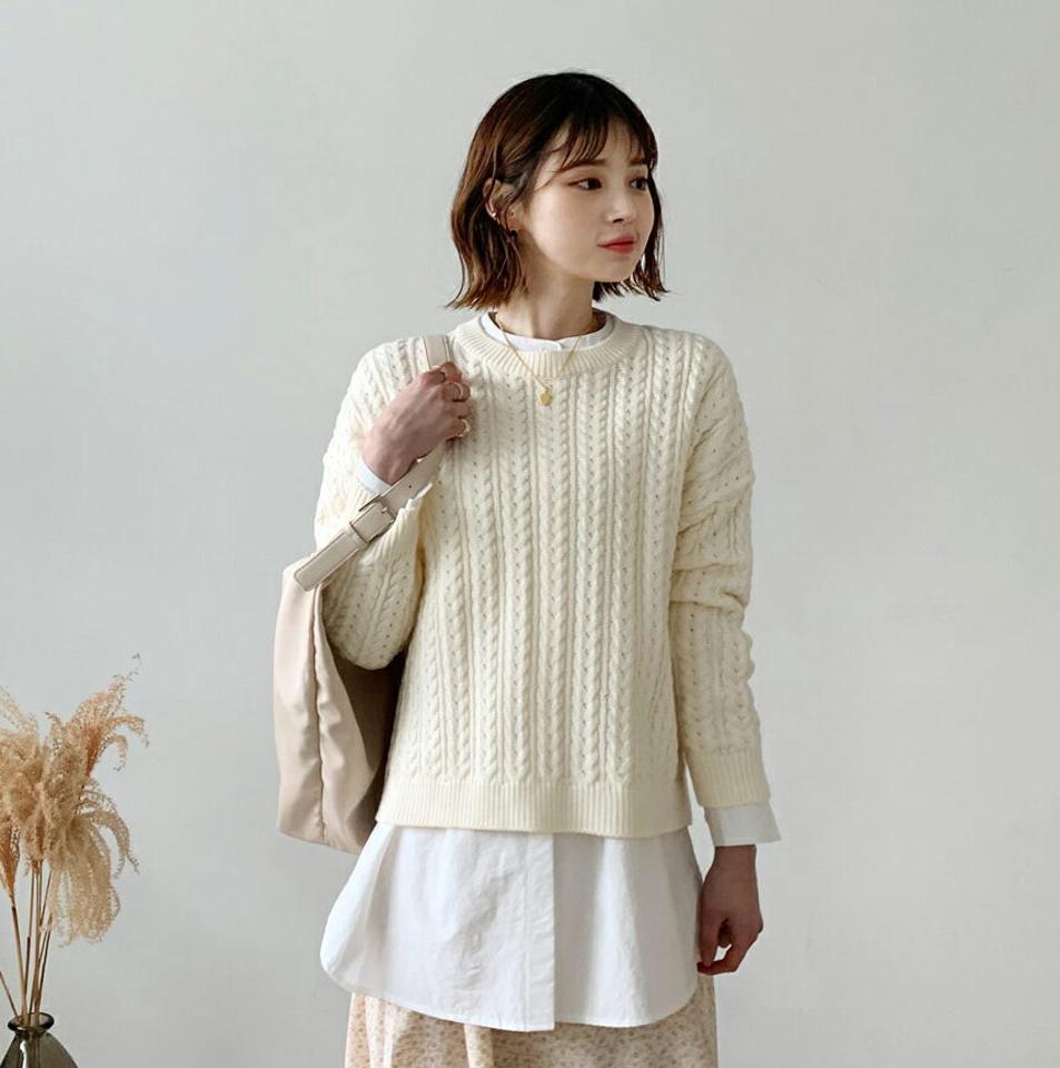 ケーブルニット・全4色・t56673 レディース 【tops】【韓国 ファッション トップス ニット 長袖 ぼわん袖 ラウンドネック ケーブル やわらかい フィット 細身 体型カーバー デイリー ベーシック カジュアル シンプル カジュアル 秋 冬】