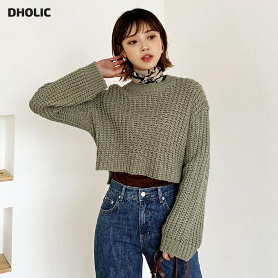 ラウンドクロップドニット・全5色・t56672 レディース 【tops】【韓国 ファッション トップス ニット 長袖 ぼわん袖 ラウンドネック アンバランス やわらかい フィット 細身 体型カーバー デイリー ベーシック カジュアル シンプル カジュアル 秋 冬】
