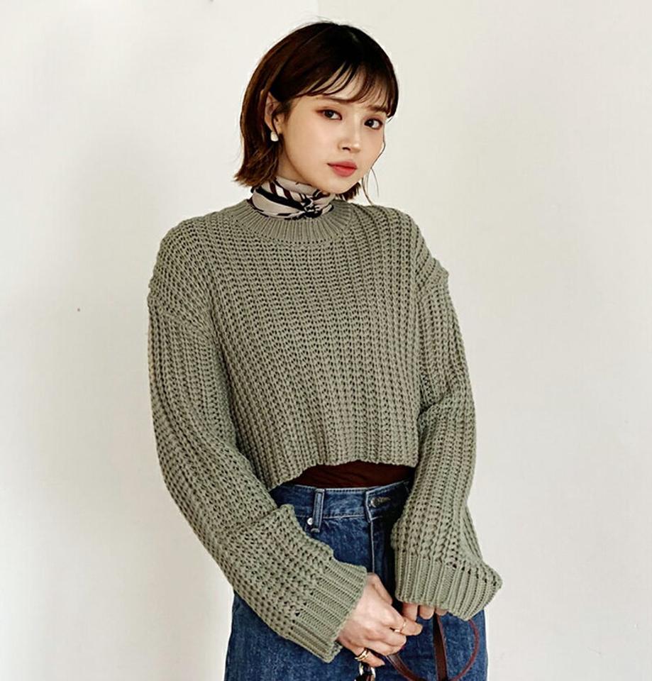 ラウンドクロップドニット・全5色・t56672 レディース 【tops】【韓国 ファッション トップス ニット 長袖 ぼわん袖 ラウンドネック アンバランス やわらかい フィット 細身 体型カーバー デイリー ベーシック カジュアル シンプル カジュアル 秋 冬】