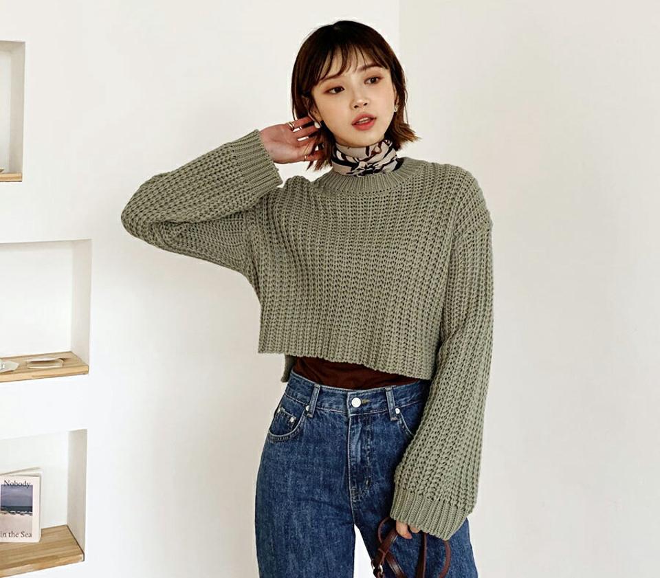 ラウンドクロップドニット・全5色・t56672 レディース 【tops】【韓国 ファッション トップス ニット 長袖 ぼわん袖 ラウンドネック アンバランス やわらかい フィット 細身 体型カーバー デイリー ベーシック カジュアル シンプル カジュアル 秋 冬】