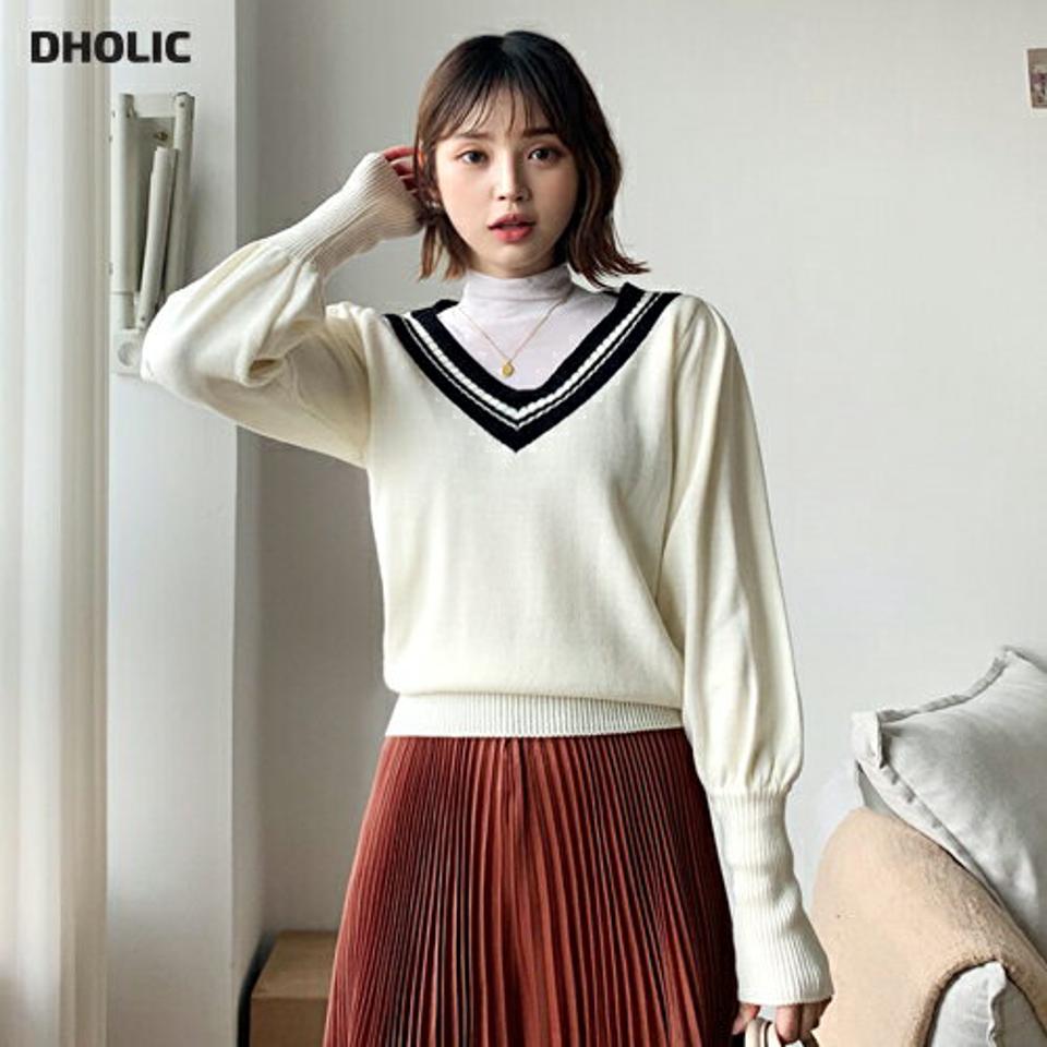 チルデンニット・全2色・b56671 レディース 【tops】【韓国 ファッション トップス ニット 長袖 ぼわん袖 シック Vネック パフスリーブ パフ 細身 体型カーバー デイリー ベーシック カジュアル シンプル カジュアル 秋 冬】