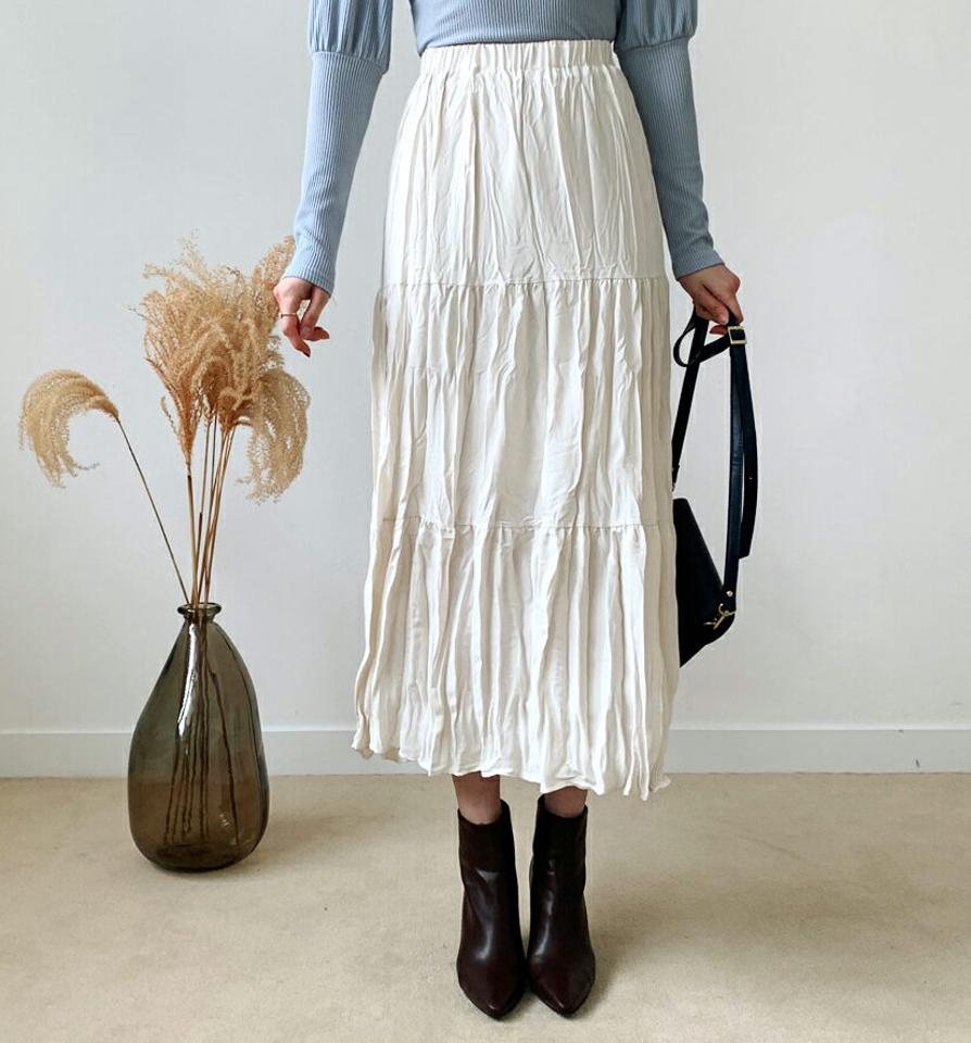 リンクルスカート・全3色・t56685 レディース 【sk】【韓国 ファッション ボトムス スカート ロング Aライン リンクル ウエストゴム ボリューム タック シンプル スリム 体型カーバー 細身 ベーシック デイリー カジュアル 秋 冬】