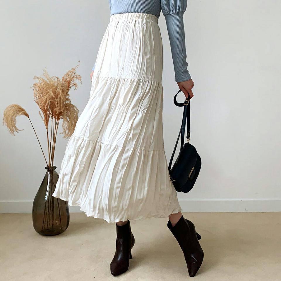 リンクルスカート・全3色・t56685 レディース 【sk】【韓国 ファッション ボトムス スカート ロング Aライン リンクル ウエストゴム ボリューム タック シンプル スリム 体型カーバー 細身 ベーシック デイリー カジュアル 秋 冬】