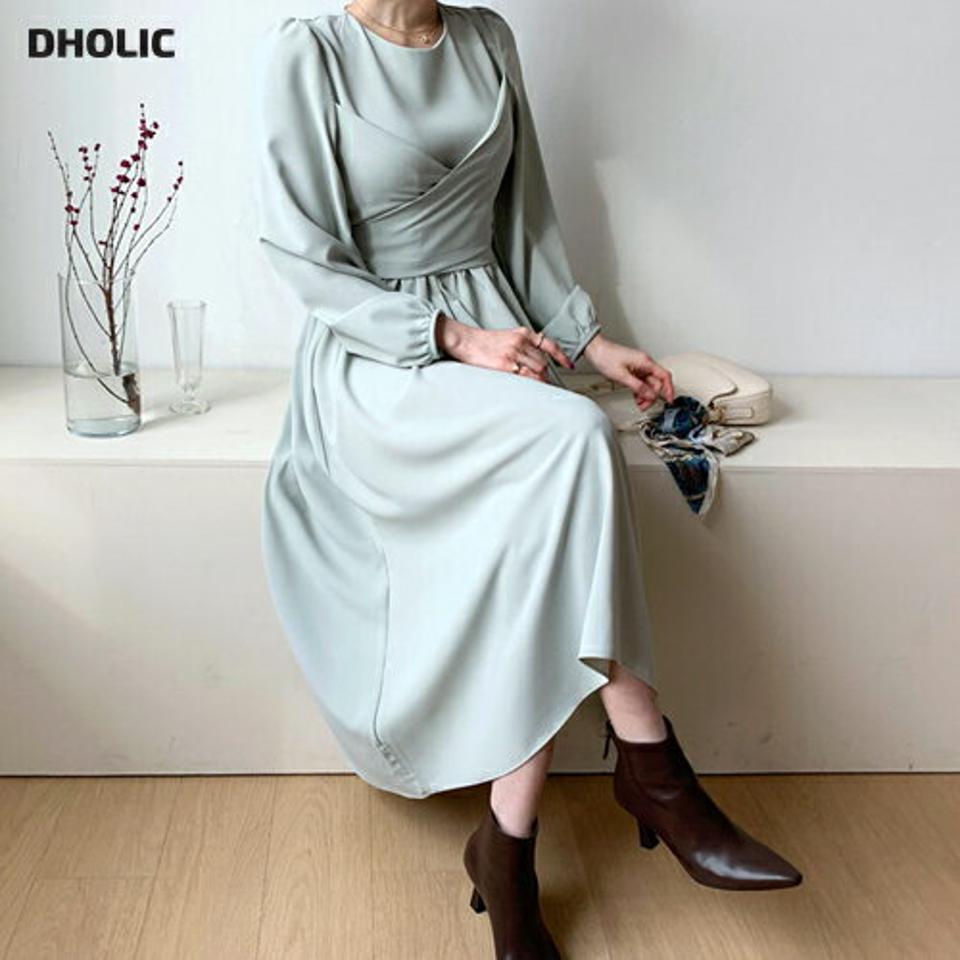 ラウンドラップワンピース・全3色・t56679 レディース 【ops】【韓国 ファッション ワンピース ロング ロングワンピス 長袖 ラップ ラウンドネック バックファスナー リボン シンプル カジュアル 体型カバー 細身 カジュアル 秋 冬】