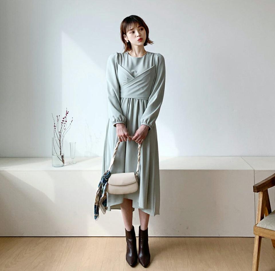 ラウンドラップワンピース・全3色・t56679 レディース 【ops】【韓国 ファッション ワンピース ロング ロングワンピス 長袖 ラップ ラウンドネック バックファスナー リボン シンプル カジュアル 体型カバー 細身 カジュアル 秋 冬】