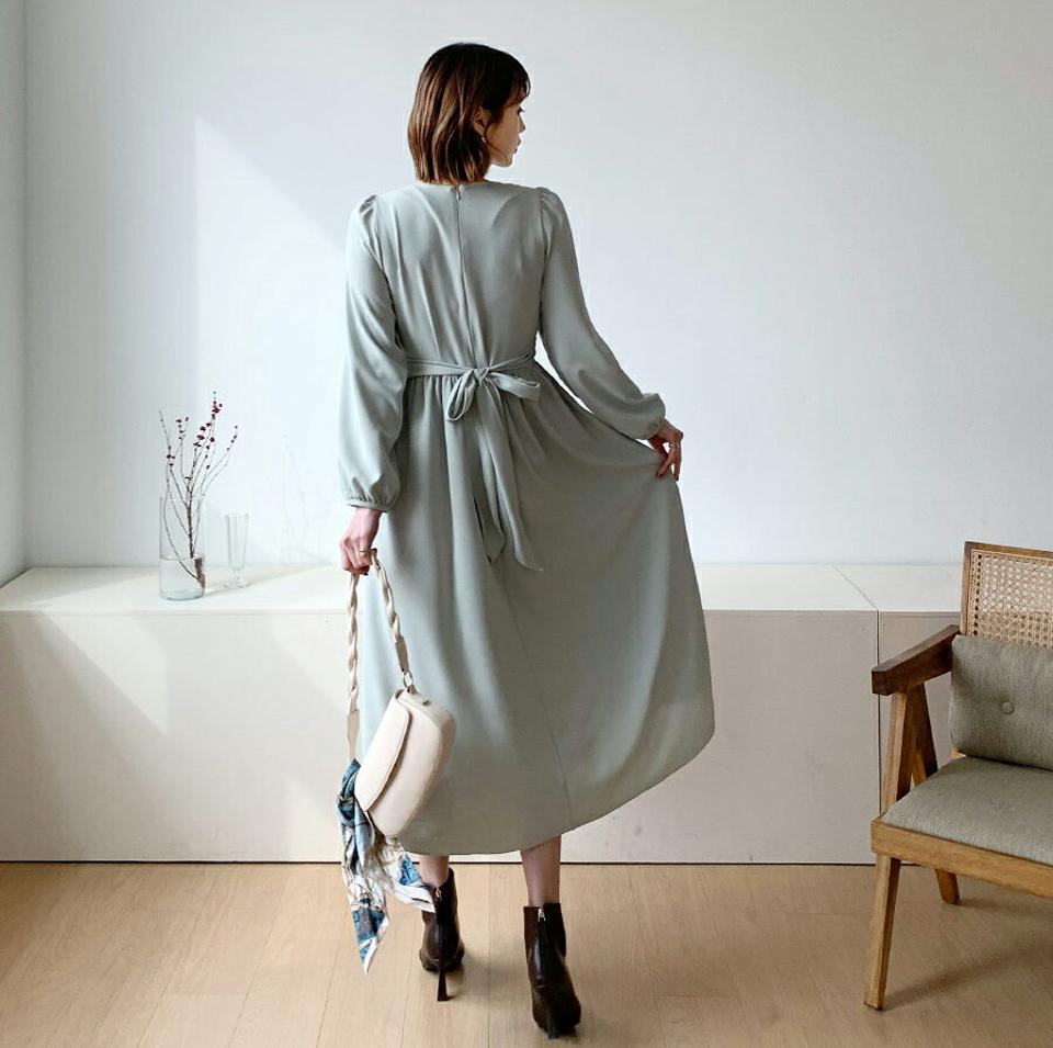 ラウンドラップワンピース・全3色・t56679 レディース 【ops】【韓国 ファッション ワンピース ロング ロングワンピス 長袖 ラップ ラウンドネック バックファスナー リボン シンプル カジュアル 体型カバー 細身 カジュアル 秋 冬】