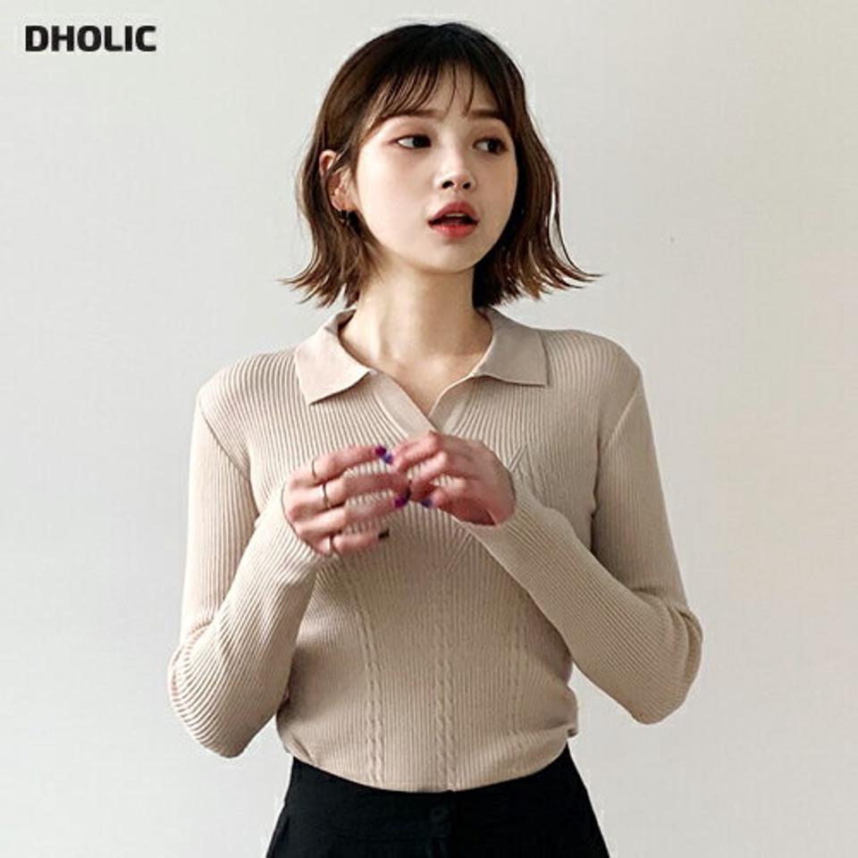 リブカラーニット・全4色・b56669 レディース 【tops】【韓国 ファッション トップス ニット 長袖 ぼわん袖 Vネック スリム フィット 細身 体型カーバー デイリー ベーシック カジュアル シンプル カジュアル 秋 冬】