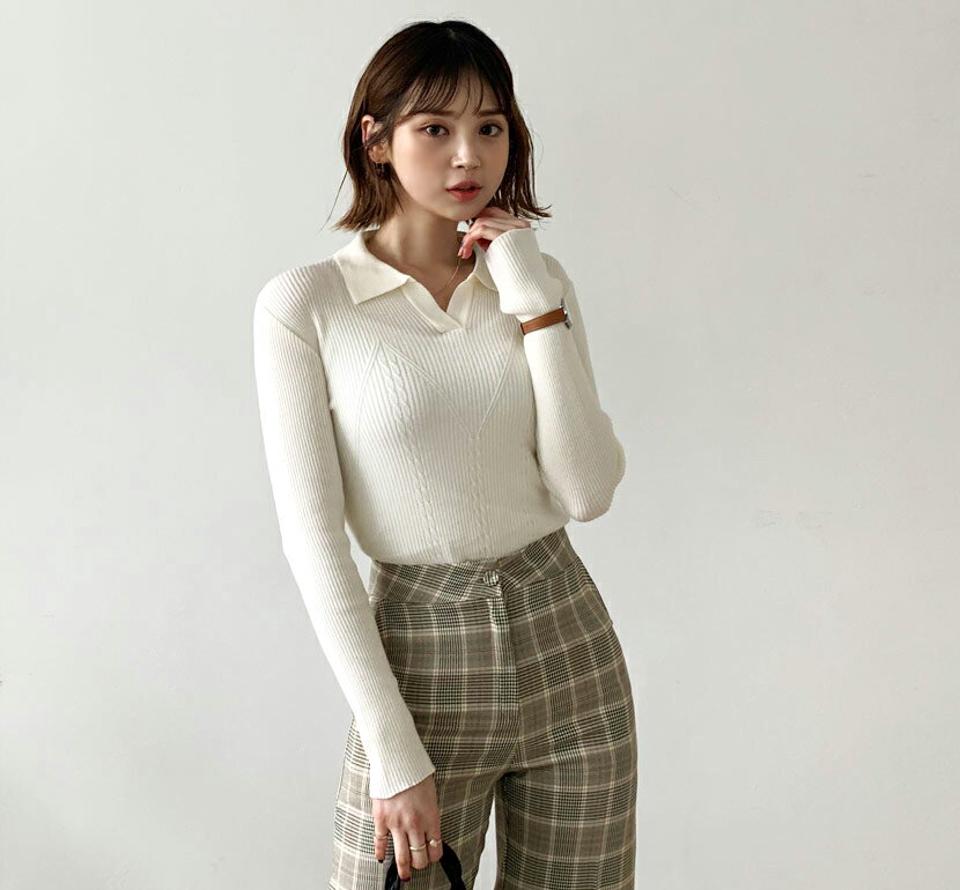 リブカラーニット・全4色・b56669 レディース 【tops】【韓国 ファッション トップス ニット 長袖 ぼわん袖 Vネック スリム フィット 細身 体型カーバー デイリー ベーシック カジュアル シンプル カジュアル 秋 冬】