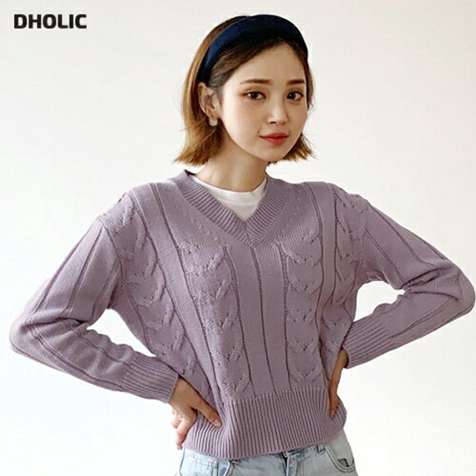 Vネックケーブルニット・全4色・t56670 レディース 【tops】【韓国 ファッション トップス ニット 長袖 ぼわん袖 ラウンドネック ケーブル やわらかい フィット 細身 体型カーバー デイリー ベーシック カジュアル シンプル カジュアル 秋 冬】