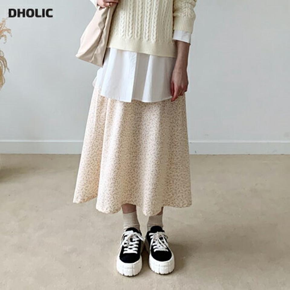 花柄フレアスカート・全2色・t56684 レディース 【sk】【韓国 ファッション ボトムス スカート ロング Aライン 花柄 ファスナー バックゴム ボリューム タック シンプル スリム 体型カーバー 細身 ベーシック デイリー カジュアル 秋 冬】