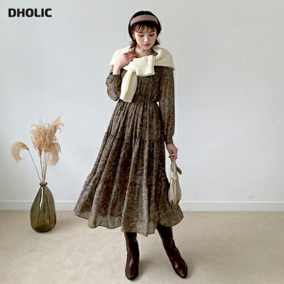 ストラップ付花柄ティアードワンピース・全2色・b56680 レディース 【ops】【韓国 ファッション ワンピース ロング ロングワンピス 長袖 花柄 ラウンドネック ギャザー ウエストストラップ シンプル カジュアル 体型カバー 細身 カジュアル 秋 冬】