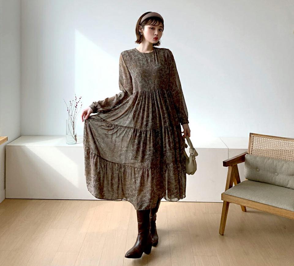 ストラップ付花柄ティアードワンピース・全2色・b56680 レディース 【ops】【韓国 ファッション ワンピース ロング ロングワンピス 長袖 花柄 ラウンドネック ギャザー ウエストストラップ シンプル カジュアル 体型カバー 細身 カジュアル 秋 冬】