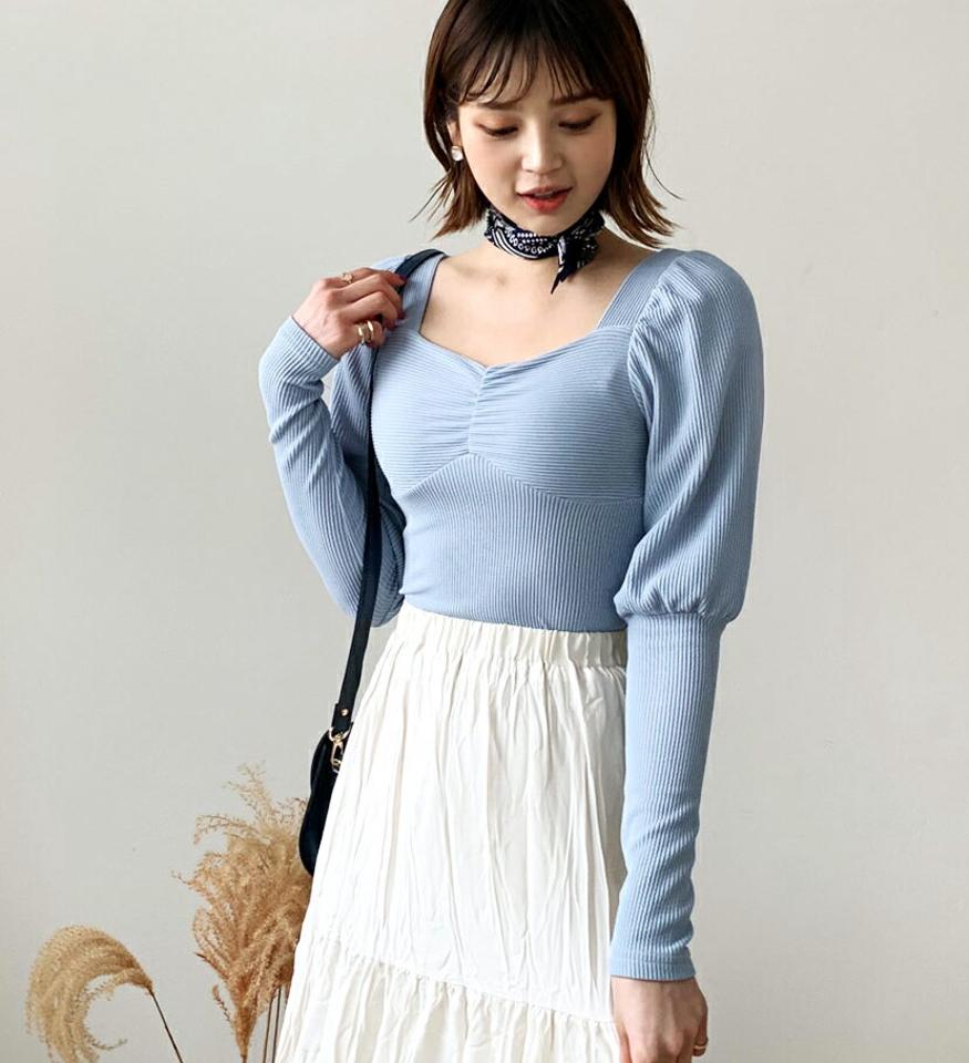 スクエアネックスリムTシャツ・全4色・t56667 レディース 【tops】【韓国 ファッション トップス Tシャツ 長袖 スクエアネック パフ 鎖骨 パフスリーブ フィット デイリー ベーシック カジュアル 無地 カジュアル 秋 冬】