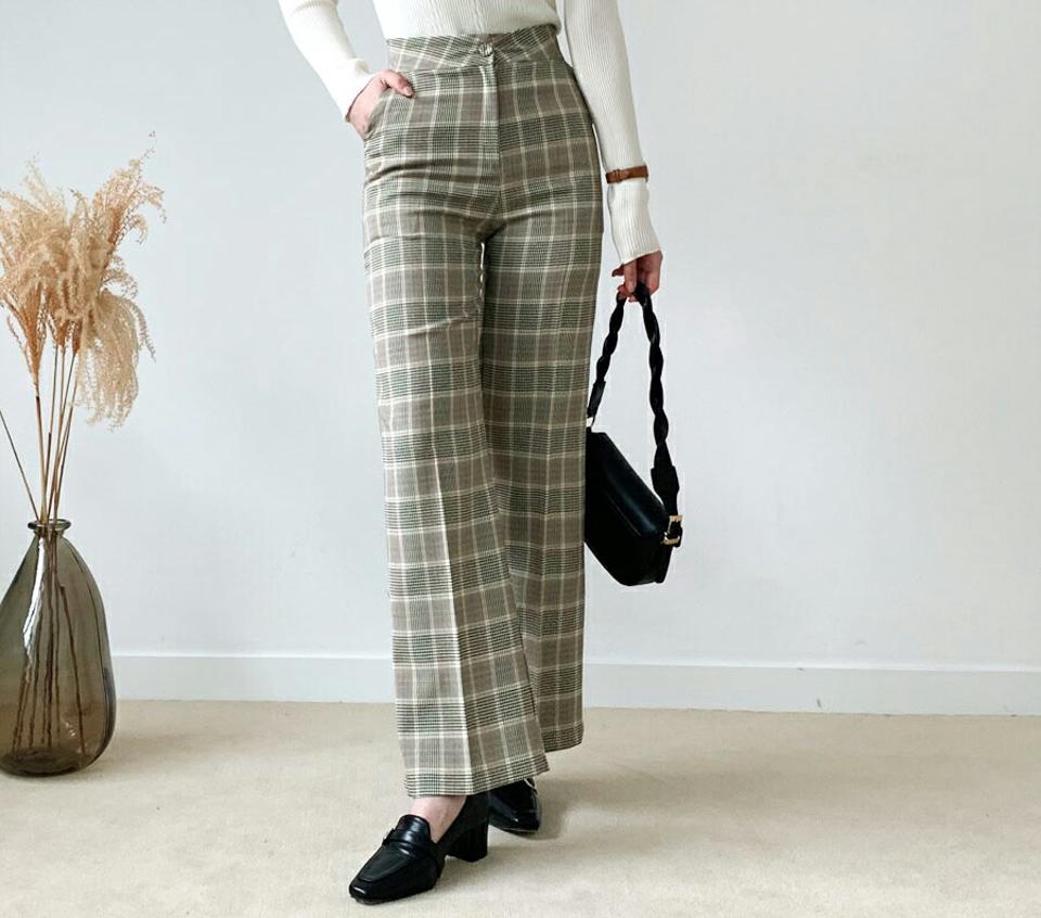 チェックスリムスラックス・全2色・t56697 レディース 【pt】【韓国 ファッション ボトムス パンツ スラックス ロング チェック パターン シック ファスナー サイドポケット 10分丈 十分丈 ストレート ハイウエスト 無地 カジュアル 秋 冬】