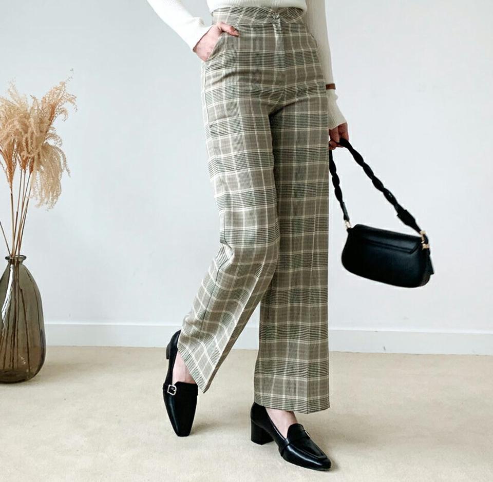 チェックスリムスラックス・全2色・t56697 レディース 【pt】【韓国 ファッション ボトムス パンツ スラックス ロング チェック パターン シック ファスナー サイドポケット 10分丈 十分丈 ストレート ハイウエスト 無地 カジュアル 秋 冬】