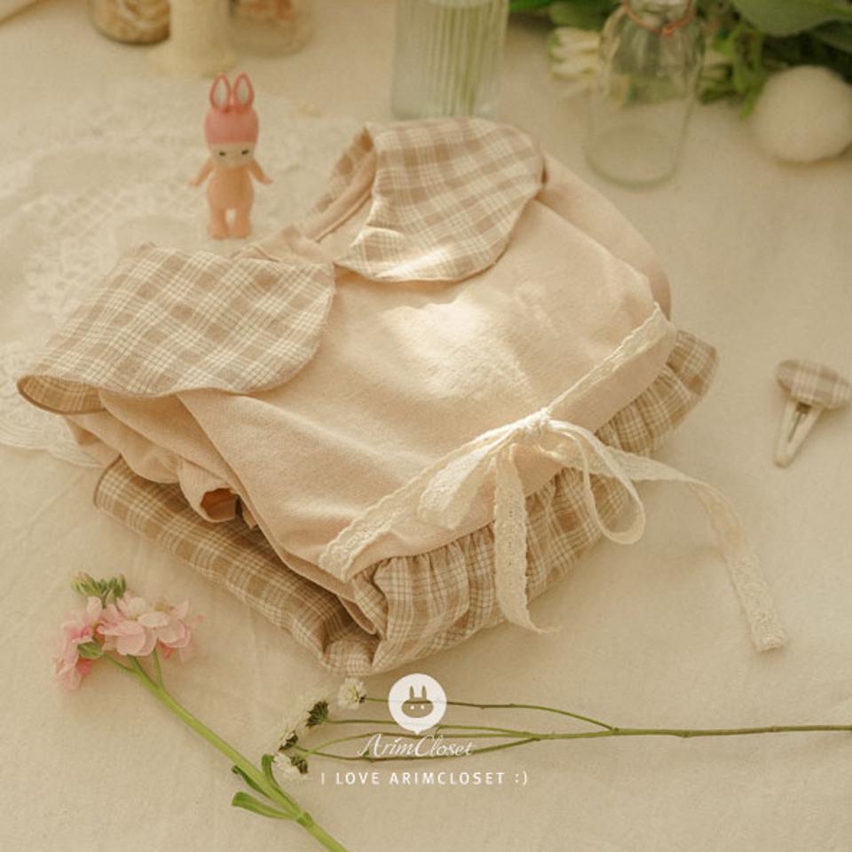 チェック配色ボディスーツ・p011015 キッズ【0~2才】【bc】【ボディースーツ ボディスーツ 長袖 パンツ ズボン フリル 新生児 赤ちゃん ベビー服 チェック柄 ナチュラル 可愛い 女の子 秋 冬 韓国 韓国子供服 子供 こども 子供服 こども服】【KIDS】