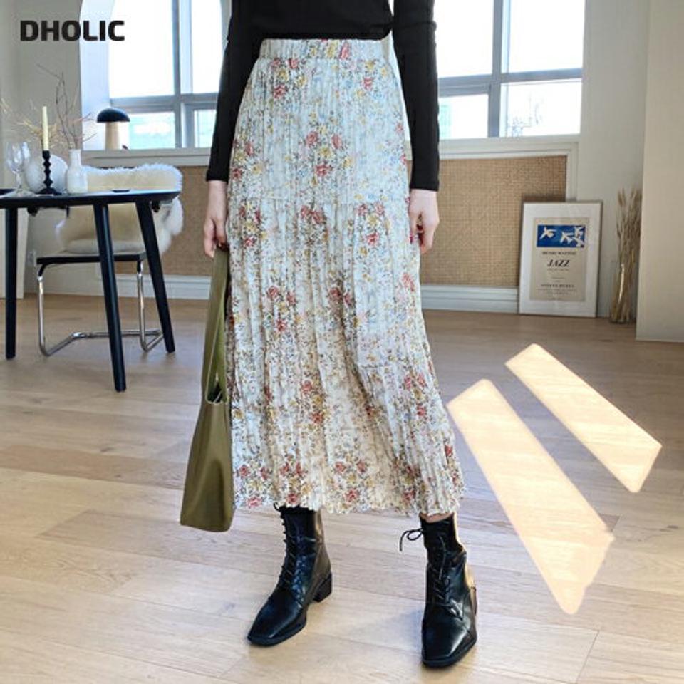 花柄リンクルスカート・全2色・t62735 レディース 【sk】【韓国 ファッション ボトムス スカート ロング Hライン ウエストゴム リンクル 透け感 シンプル スリム 体型カーバー 細身 ベーシック デイリー カジュアル 秋 冬】