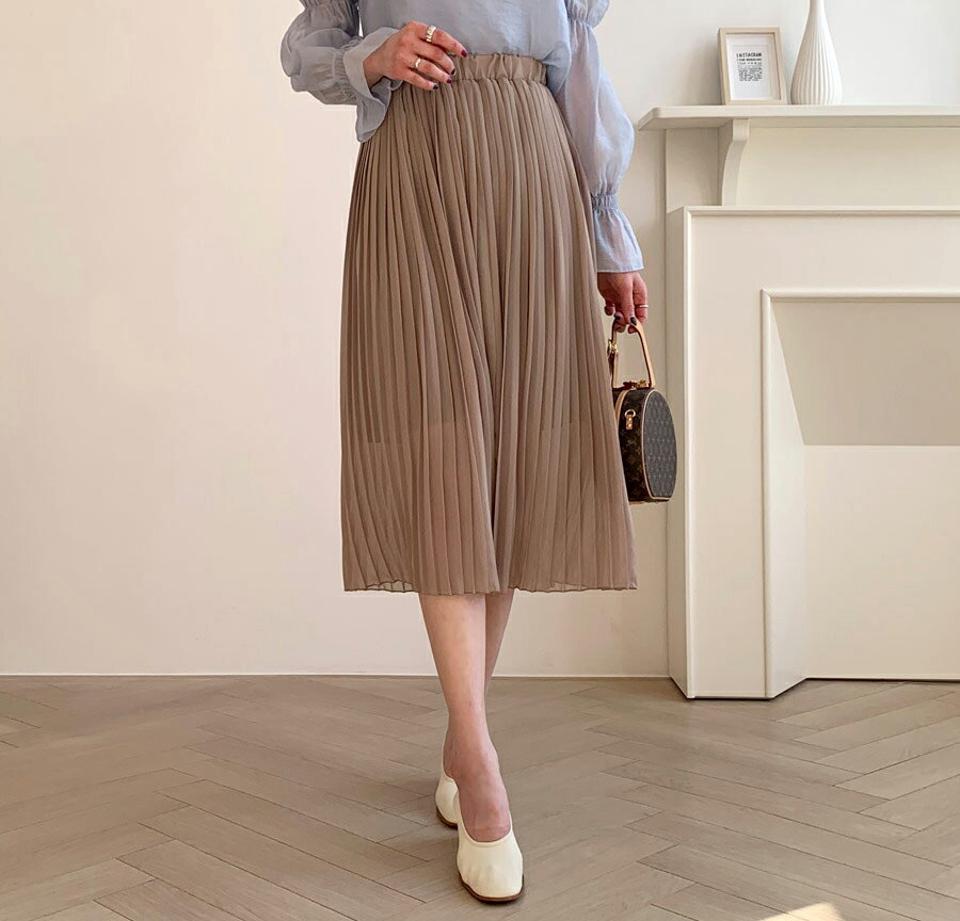 プリーツシフォンスカート・全4色・t64814 レディース 【sk】【韓国 ファッション ボトムス スカート ロング Aライン ウエストゴム プリーツ 透け感 シンプル スリム 体型カーバー 細身 ベーシック デイリー カジュアル 秋 冬】