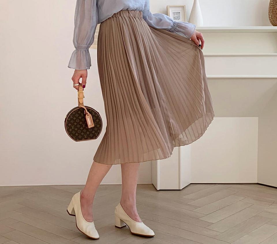 プリーツシフォンスカート・全4色・t64814 レディース 【sk】【韓国 ファッション ボトムス スカート ロング Aライン ウエストゴム プリーツ 透け感 シンプル スリム 体型カーバー 細身 ベーシック デイリー カジュアル 秋 冬】