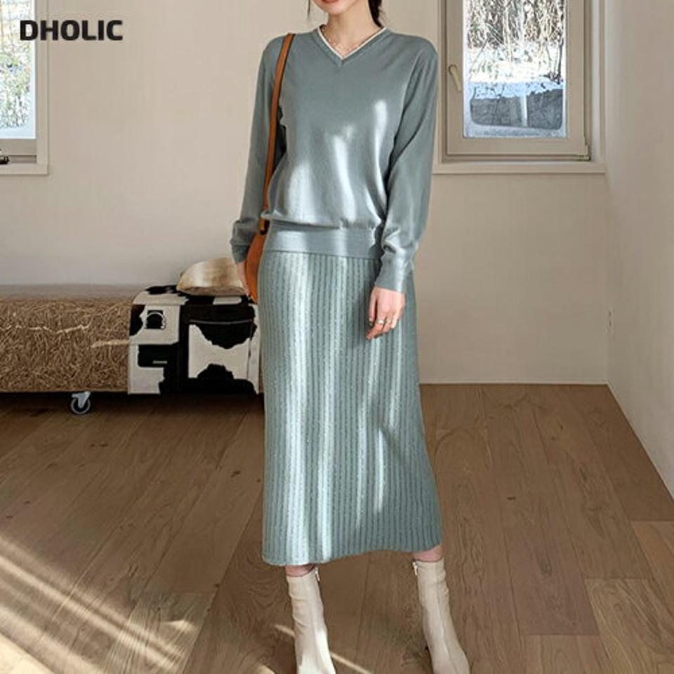 グリッターラインVネックニット&スカートSET全3色・b66382 レディース 【ops】【セットアップ setup トップス 長袖 ニット スカート ロングスカート ニットアップ ラメ グリッター 秋 冬 韓国 ファッション】【ハイホリHIHOLLI】