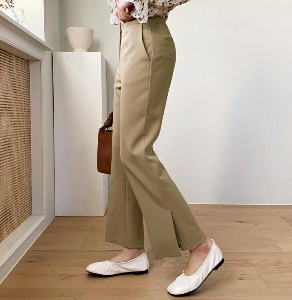 スリットへムスラックス・全2色・b62744 レディース 【pt】【韓国 ファッション ボトムス パンツ ロング スラックス ボタン ファスナー サイドポケット 10分丈 十分丈 ストレート ハイウエスト 無地 カジュアル 秋 冬】