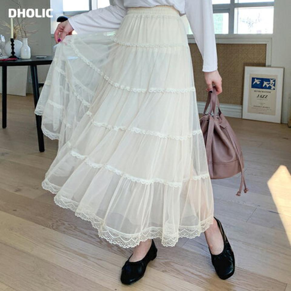 チュールティアードスカート・全2色・b62723 レディース 【sk】【韓国 ファッション ボトムス スカート ロング ウエストゴム ラブリー チュール フレア スカラップレース レース 透け感 シンプル スリム 体型カーバー ベーシック デイリー カジュアル 秋 冬】