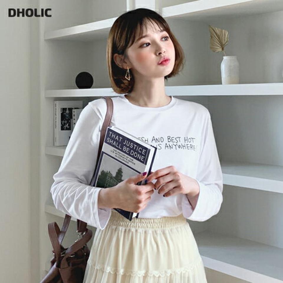 ラウンドレタリングTシャツ・全4色・t62771 レディース 【tops】【韓国 ファッション トップス Tシャツ 長袖 ラウンドネック レタリング Tシャツ シンプル ボーダー デイリー ベーシック カジュアル 無地 カジュアル 秋 冬】
