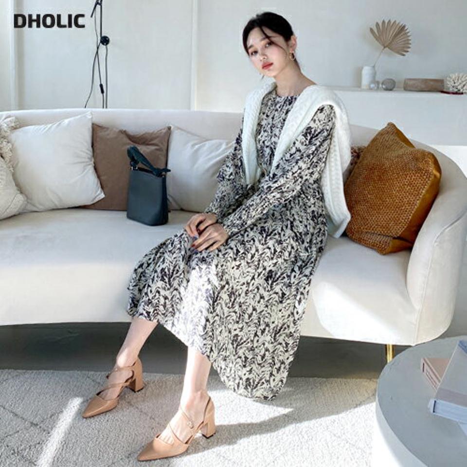 ストラップ付パターンワンピース・全2色・b62660 レディース 【ops】【韓国 ファッション ワンピース ロング ロングワンピス 長袖 ルーズ パターン ラウンドネック ウエストストラップ リボン シンプル 上品 フェミニン 体型カバー 細身 カジュアル 秋 冬】