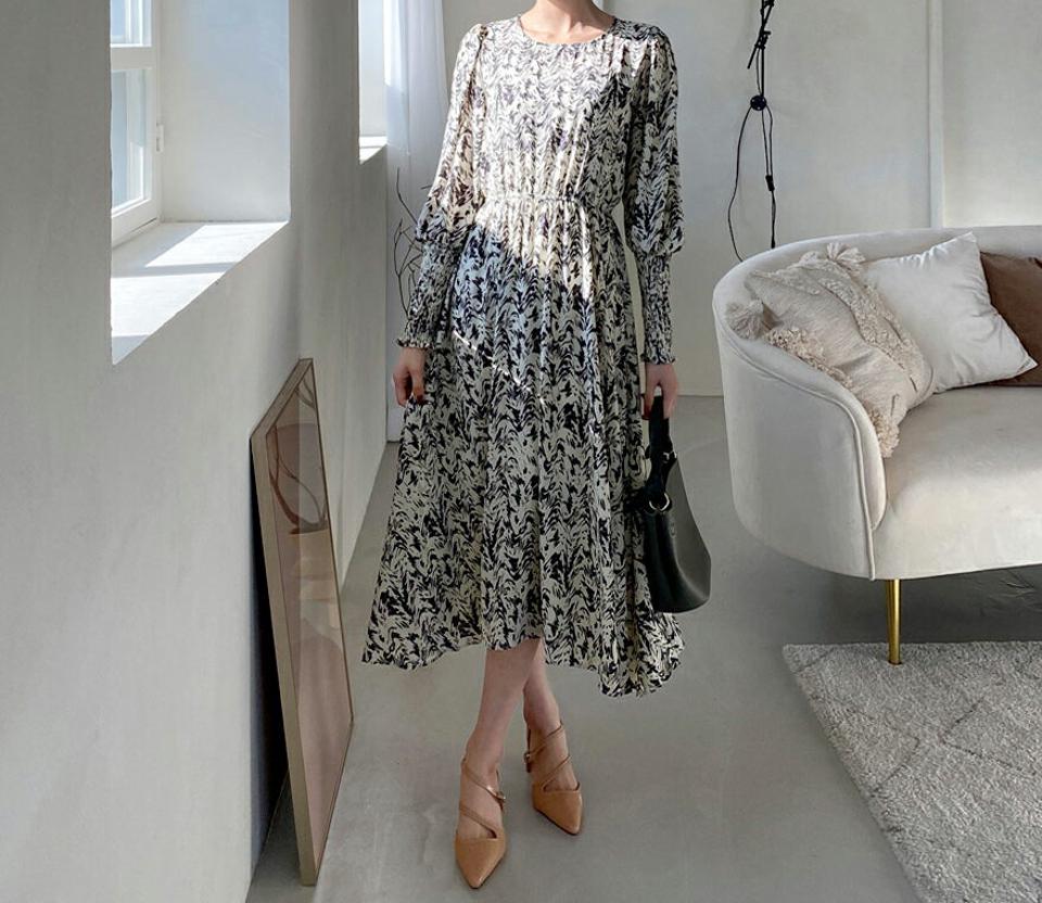 ストラップ付パターンワンピース・全2色・b62660 レディース 【ops】【韓国 ファッション ワンピース ロング ロングワンピス 長袖 ルーズ パターン ラウンドネック ウエストストラップ リボン シンプル 上品 フェミニン 体型カバー 細身 カジュアル 秋 冬】