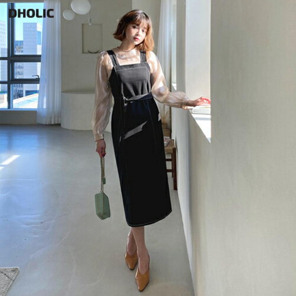 ストラップ付ステッチノースリワンピース・全2色・t62751 レディース 【ops】【韓国 ファッション ワンピース ロング ロングワンピス 長袖 ストラップ ステッチ ノースリ バックスリット シンプル 上品 フェミニン 体型カバー 細身 カジュアル 秋 冬】