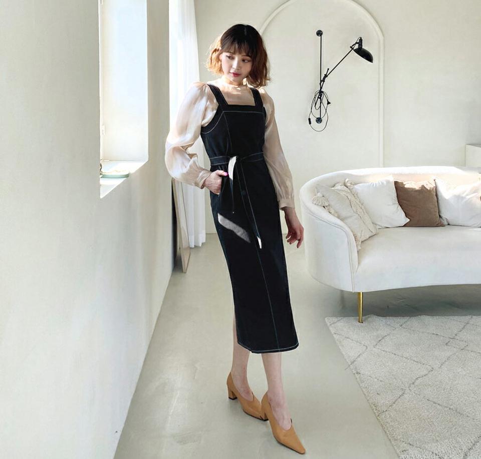 ストラップ付ステッチノースリワンピース・全2色・t62751 レディース 【ops】【韓国 ファッション ワンピース ロング ロングワンピス 長袖 ストラップ ステッチ ノースリ バックスリット シンプル 上品 フェミニン 体型カバー 細身 カジュアル 秋 冬】