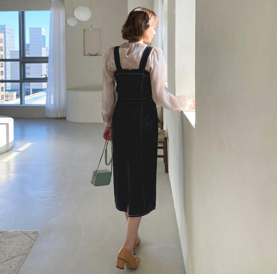 ストラップ付ステッチノースリワンピース・全2色・t62751 レディース 【ops】【韓国 ファッション ワンピース ロング ロングワンピス 長袖 ストラップ ステッチ ノースリ バックスリット シンプル 上品 フェミニン 体型カバー 細身 カジュアル 秋 冬】