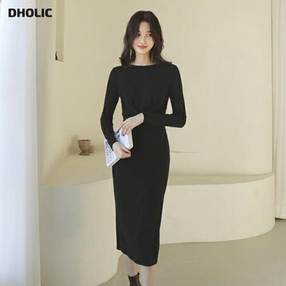 ラウンドツイストワンピース・全2色・b62760 レディース 【ops】【韓国 ファッション ワンピース ロング ロングワンピス 長袖 ツイスト ラウンドネック リボン スリム シンプル 上品 フェミニン 体型カバー 細身 カジュアル 秋 冬】