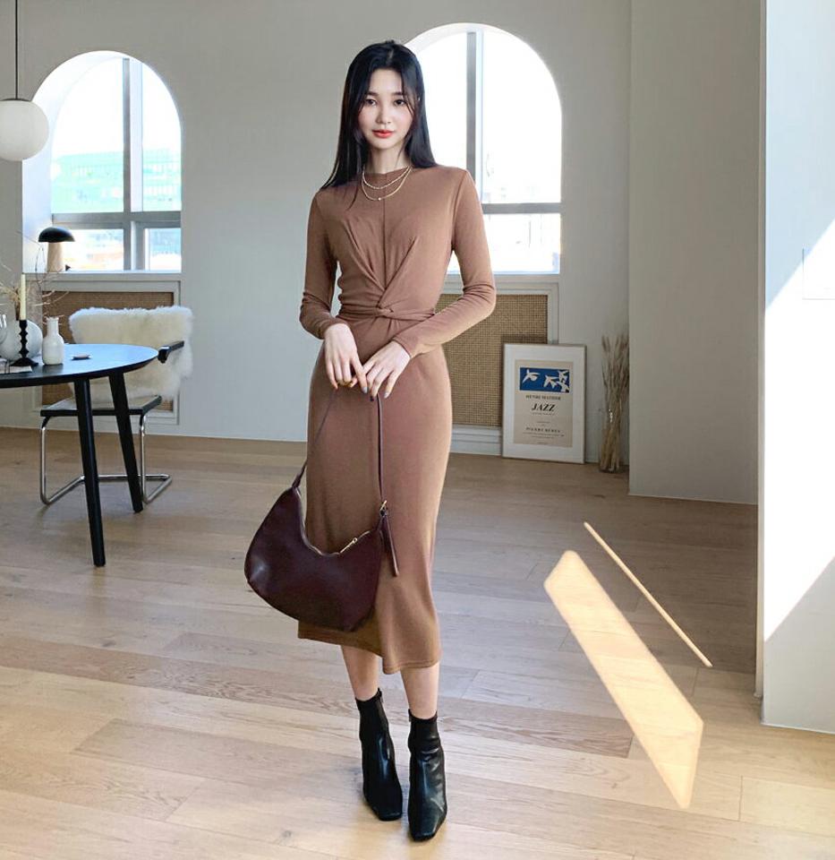 ラウンドツイストワンピース・全2色・b62760 レディース 【ops】【韓国 ファッション ワンピース ロング ロングワンピス 長袖 ツイスト ラウンドネック リボン スリム シンプル 上品 フェミニン 体型カバー 細身 カジュアル 秋 冬】