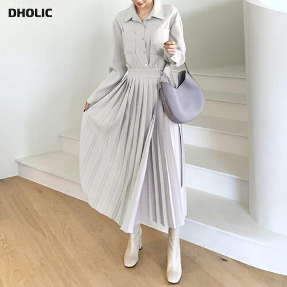 ベルトプリーツラップワンピース・全2色・t62769 レディース 【ops】【韓国 ファッション ワンピース ロング ロングワンピス 長袖 シャツワンピース リボン ラップ バストポケット カシュクール 体型カバー スリム カジュアル 秋 冬】