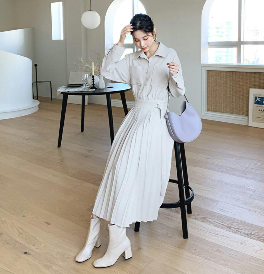 ベルトプリーツラップワンピース・全2色・t62769 レディース 【ops】【韓国 ファッション ワンピース ロング ロングワンピス 長袖 シャツワンピース リボン ラップ バストポケット カシュクール 体型カバー スリム カジュアル 秋 冬】