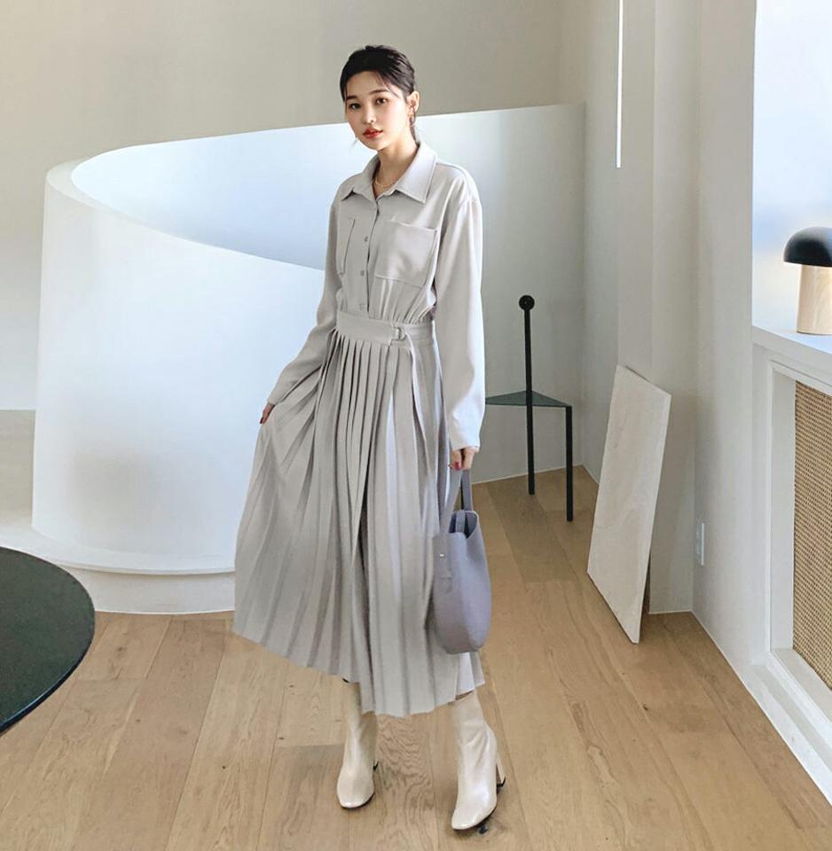 ベルトプリーツラップワンピース・全2色・t62769 レディース 【ops】【韓国 ファッション ワンピース ロング ロングワンピス 長袖 シャツワンピース リボン ラップ バストポケット カシュクール 体型カバー スリム カジュアル 秋 冬】
