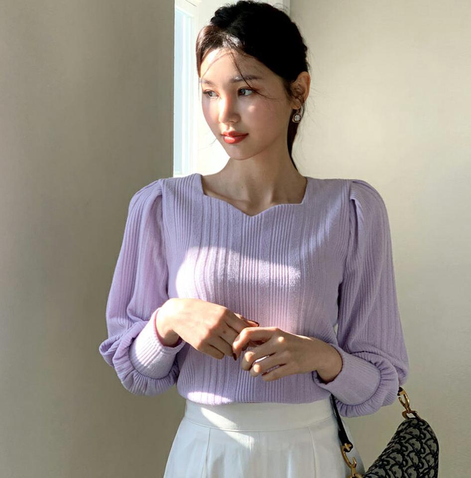 スクエアVネックパフTシャツ・全4色・t62737 レディース 【tops】【韓国 ファッション トップス Tシャツ 長袖 スクエア Vネック パフ ラブリームード パフスリーブ パフ デイリー ベーシック カジュアル 無地 カジュアル 秋 冬】