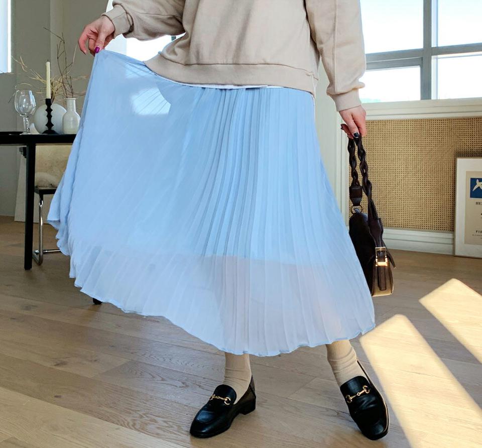 シフォンプリーツスカート・全4色・t62739 レディース 【sk】【韓国 ファッション ボトムス スカート ロング ウエストゴム プリーツ 揺れ感 シフォン シンプル スリム 体型カーバー 細身 ベーシック デイリー カジュアル 秋 冬】